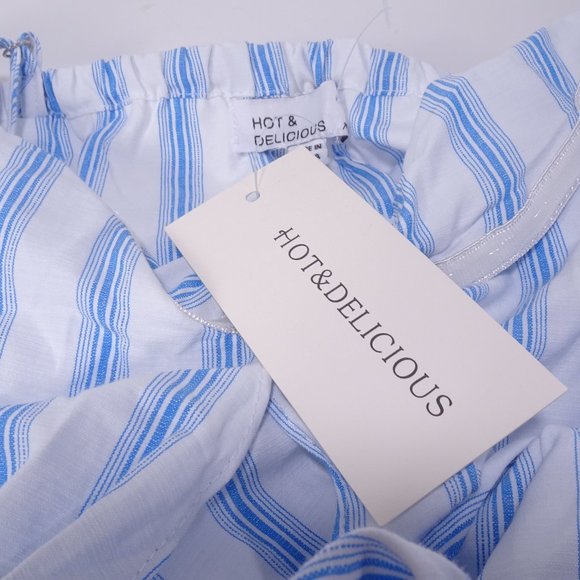 Hot & Delicious Women's Blue White Stiped Bell Sleeve tie Cropped Top M NWT 198 - Picture 7 of 13